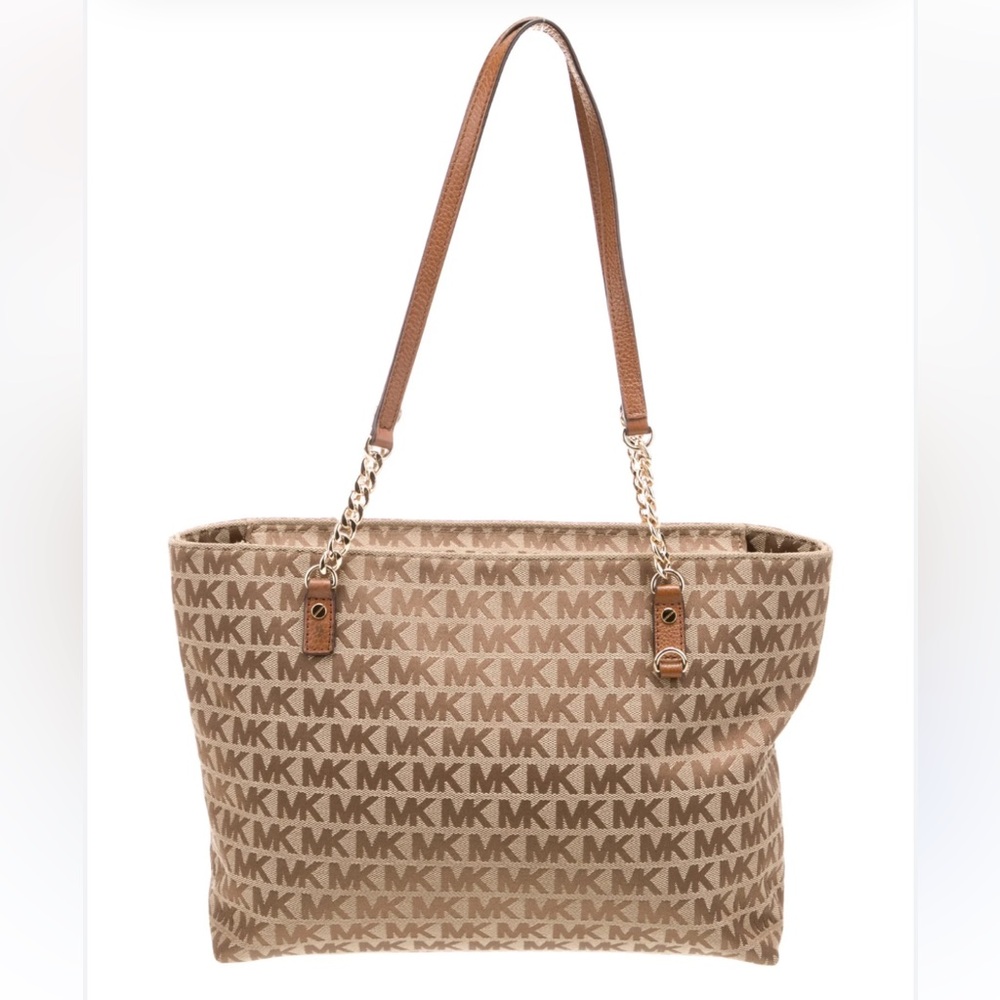 MICHAEL KORS Jet Set East West Signature Monogram Logo Chain Tote Bag Tan Brown - Picture 1 of 15